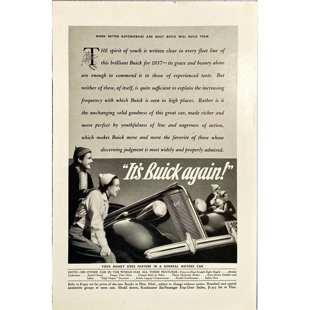 Buick "Your Money Goes Farther in A General Motors Car" Vintage Print Ad 1937